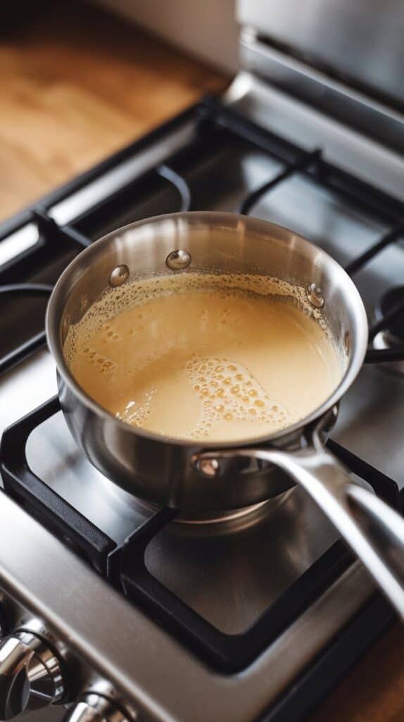 emon cottage cheese sauce gently warming in a saucepan, tiny bubbles forming around the edges.