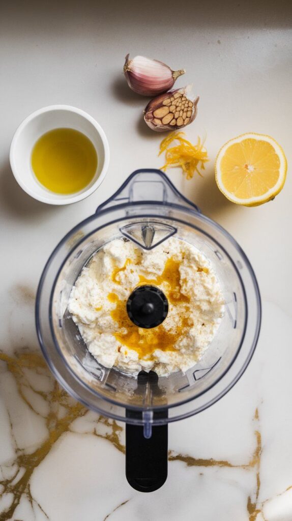 garlic, olive oil, lemon zest, and juice added to cottage cheese in a blender, ingredients stacked and ready to blend