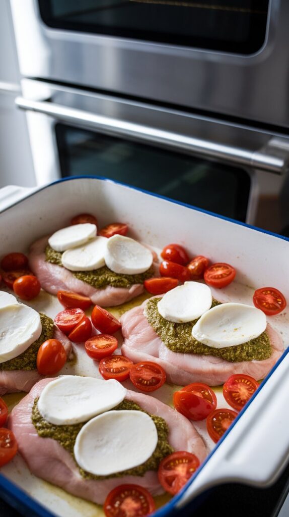 Basil Pesto Tomato Mozzarella Chicken Bake