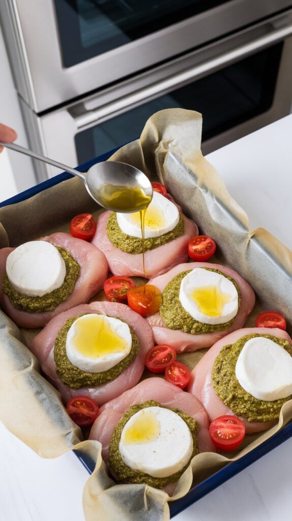Basil Pesto Tomato Mozzarella Chicken Bake