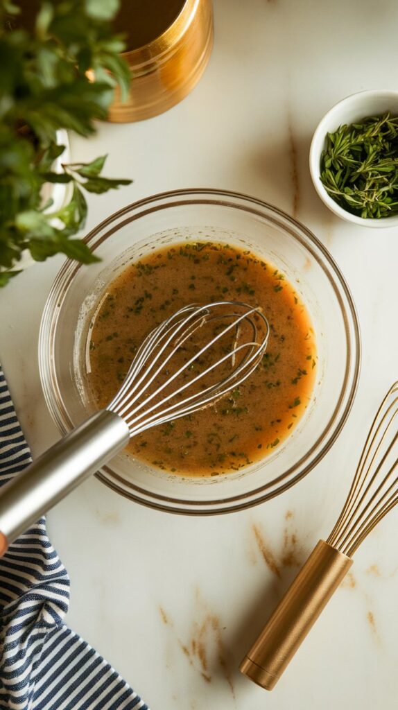 dressing being whisked into a smooth, emulsified golden marinade with herbs evenly dispersed