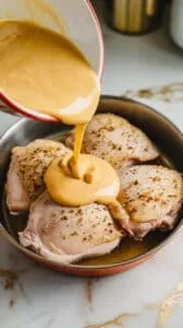 smooth, creamy honey mustard marinade being whisked in a bowl with visible garlic specks.