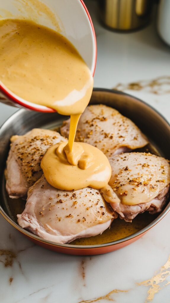 smooth, creamy honey mustard marinade being whisked in a bowl with visible garlic specks.