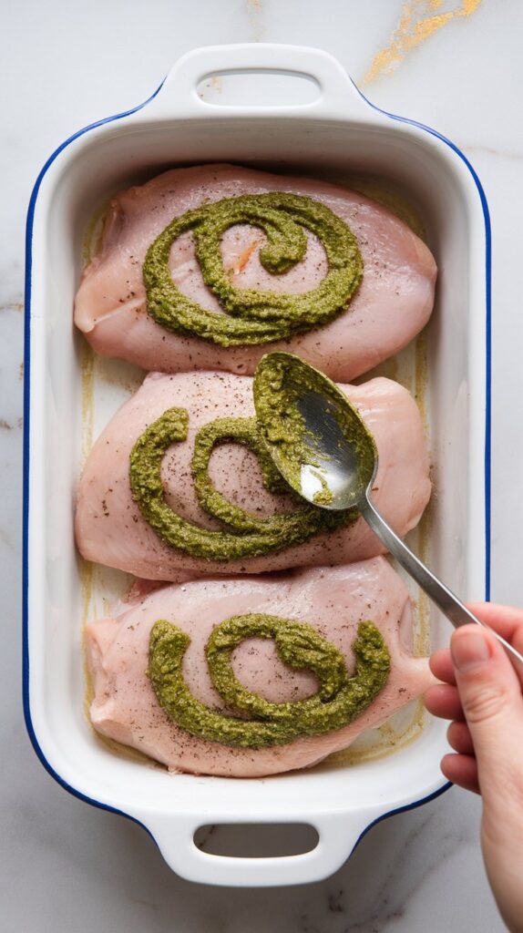 Basil Pesto Tomato Mozzarella Chicken Bake