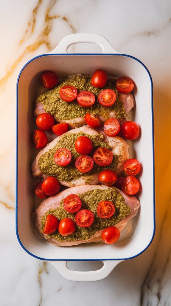 Basil Pesto Tomato Mozzarella Chicken Bake