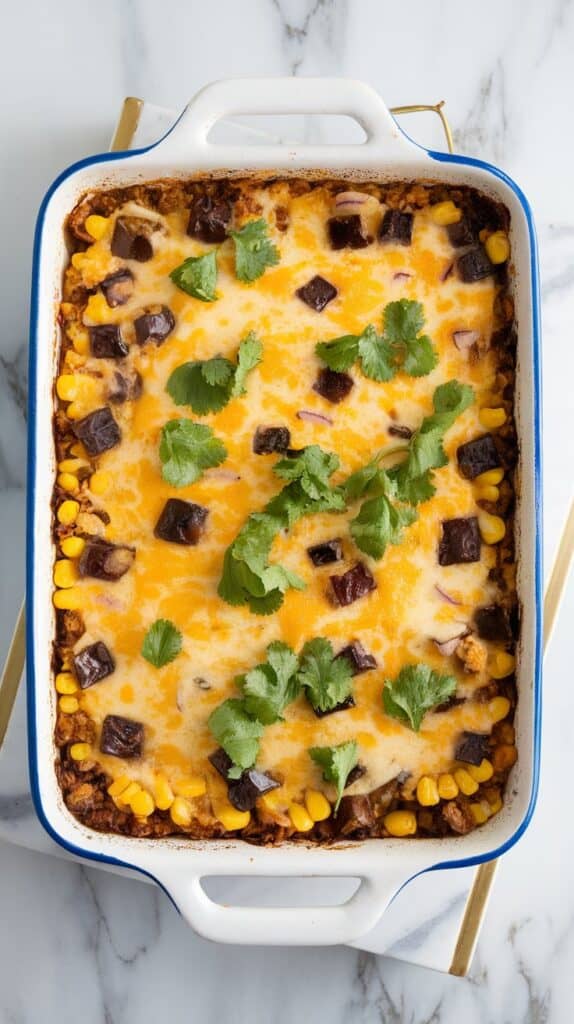 Cheesy Baked Corn and Poblano Rice Bake