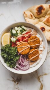 a bowl layered with creamy cottage cheese on the bottom, topped with warm falafel, diced cucumber, tomato, onion, a drizzle of tahini, and chopped parsley