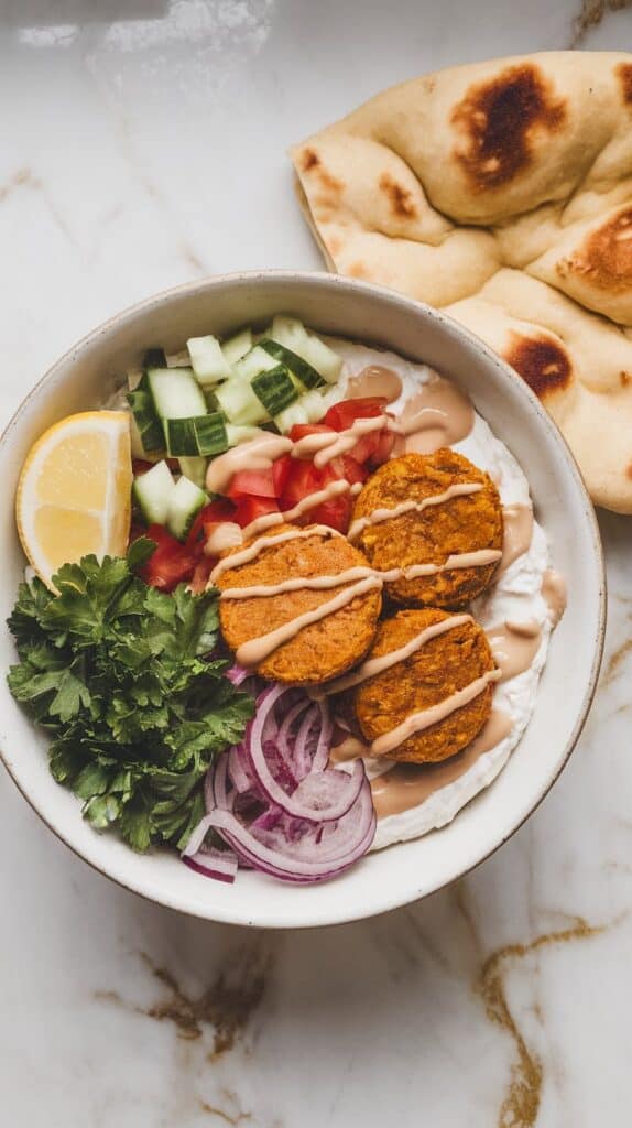 a bowl layered with creamy cottage cheese on the bottom, topped with warm falafel, diced cucumber, tomato, onion, a drizzle of tahini, and chopped parsley