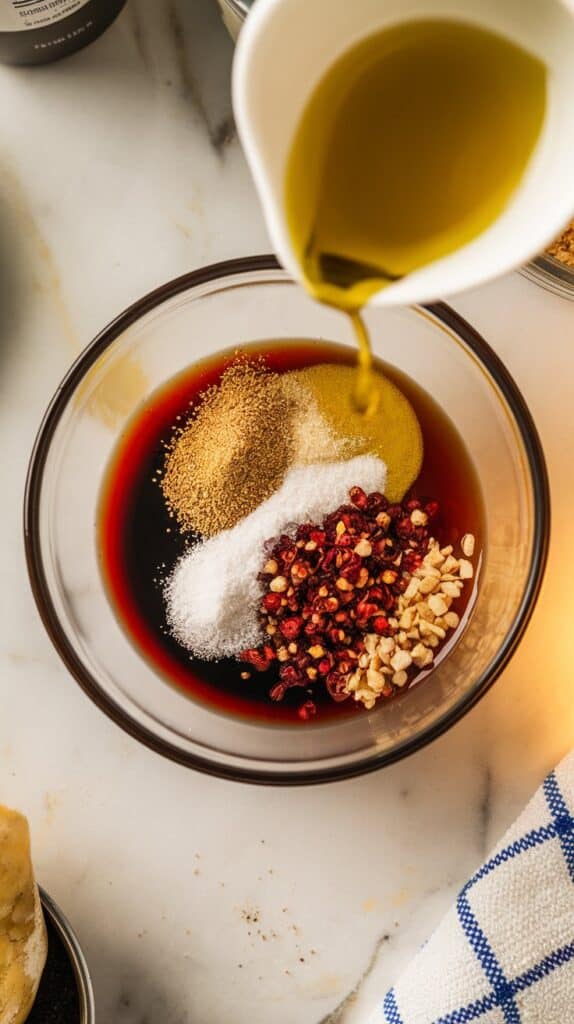 olive oil being added to the bowl with golden cumin, salt, and red chili flakes sprinkled over the dark marinade base.