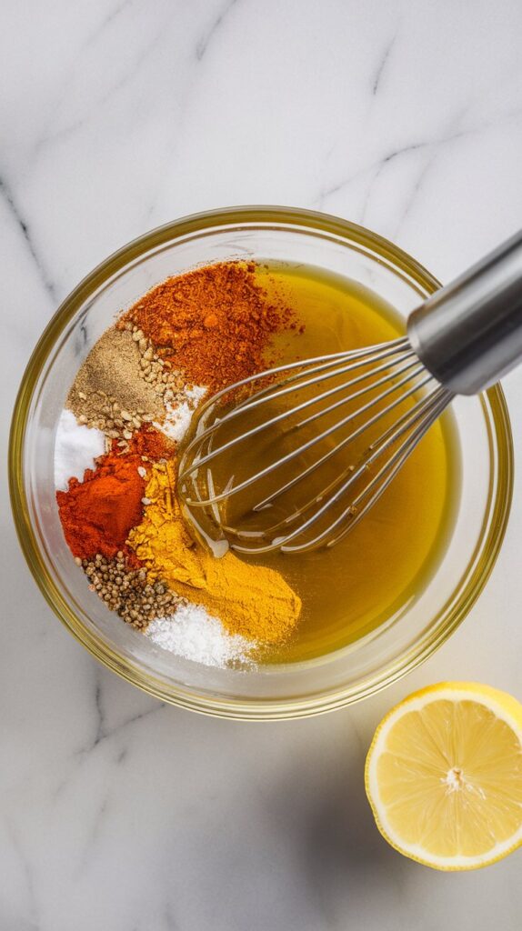 Moroccan spices added to the lemon juice and garlic, spices slightly layered and starting to absorb the liquid.