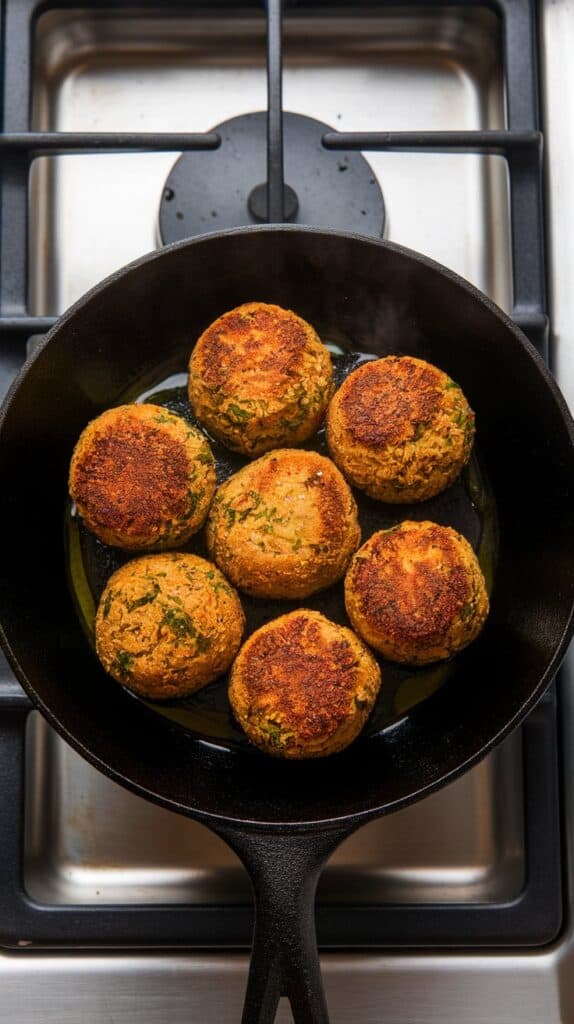 falafel balls being reheated in a small nonstick skillet with a drizzle of olive oil, showing a crispy golden texture on the surface.