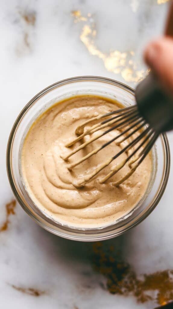 creamy tahini being whisked with lemon juice, salt, and water in a small glass bowl. The sauce looks smooth and glossy
