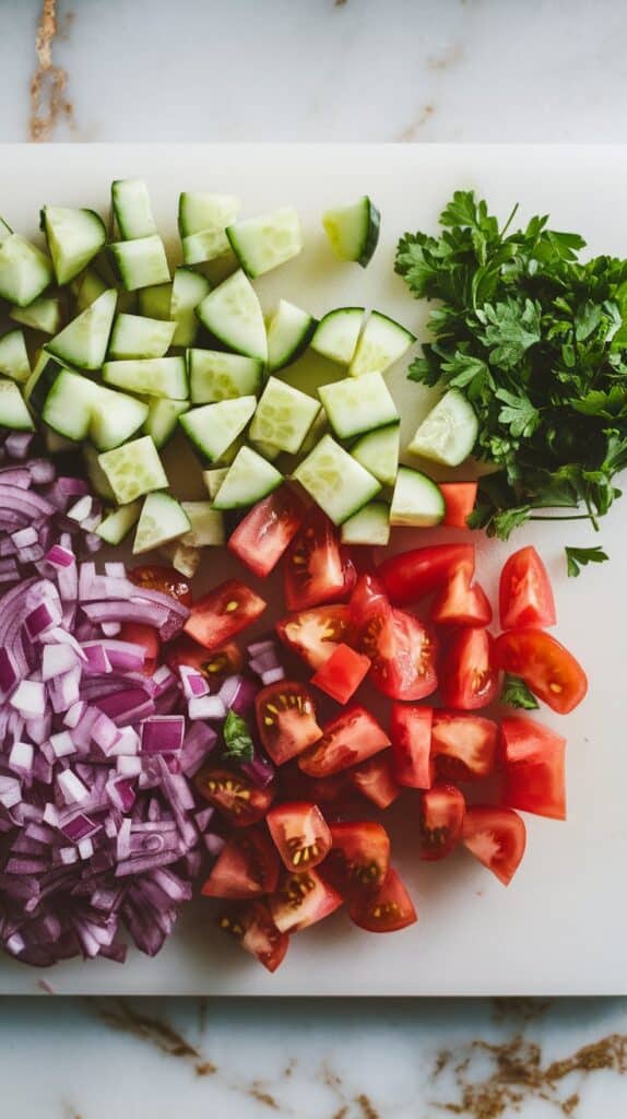 freshly diced cucumber, tomato, and red onion, with chopped parsley on the side. Ingredients look crisp and colorful on a white cutting board