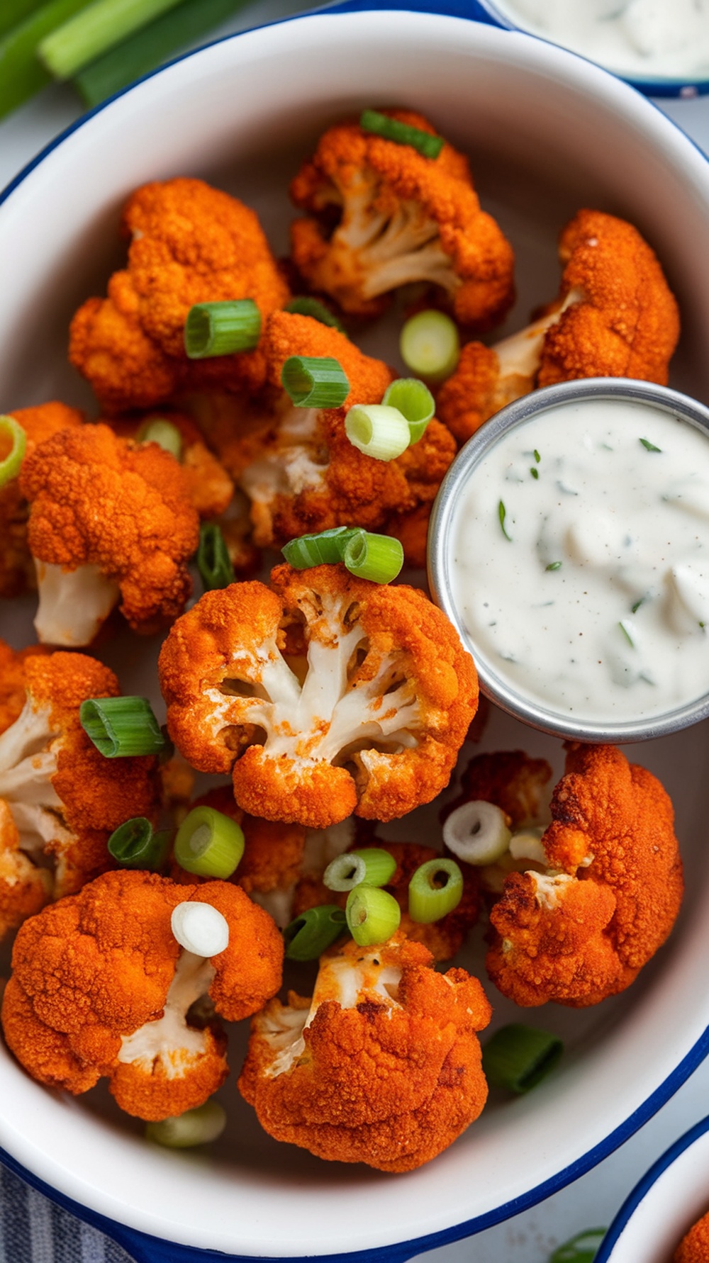 Air Fryer Buffalo Cauliflower Bites served with green onions and dip