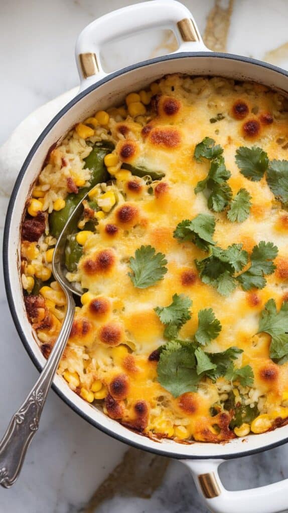 Cheesy Baked Corn and Poblano Rice Bake