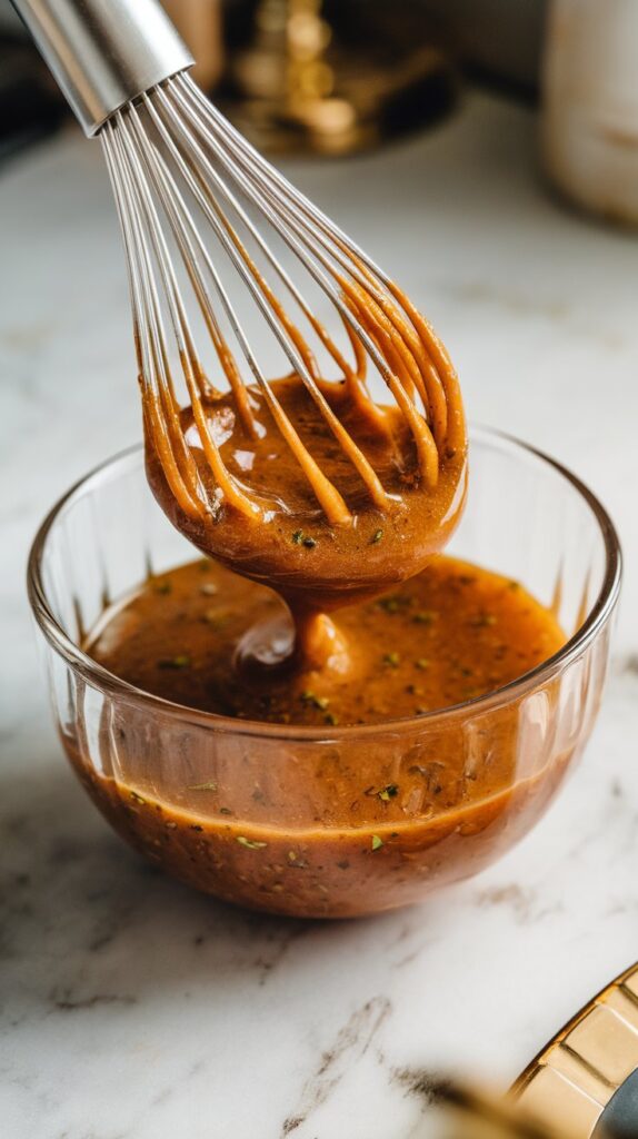 marinade being whisked into a smooth, shiny mixture with visible herbs and spices throughout.