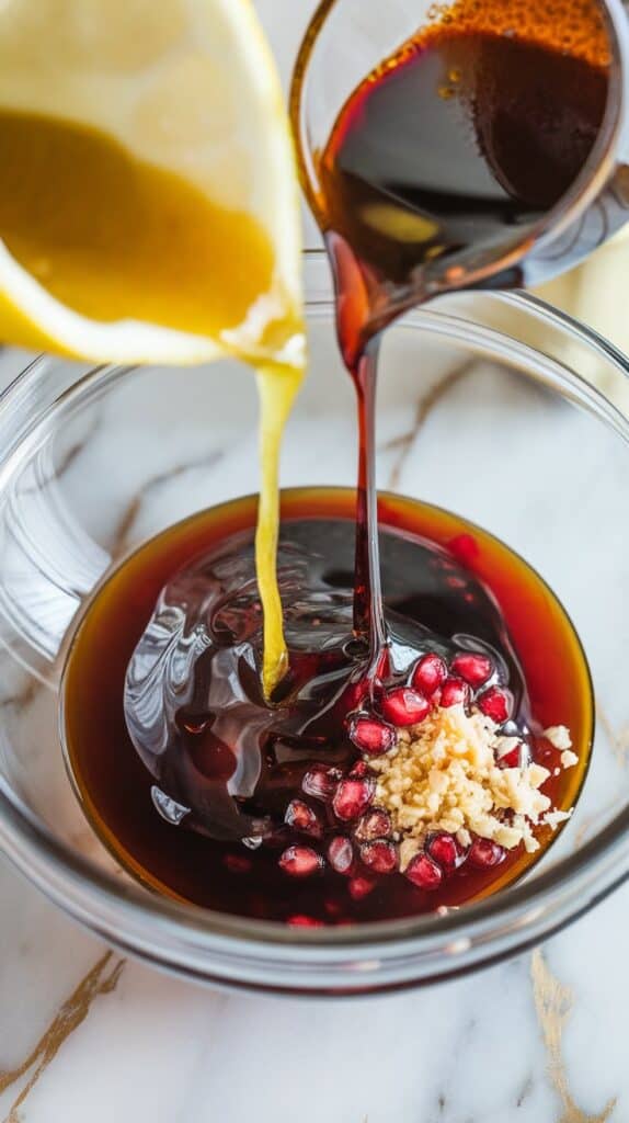 fresh lemon juice and soy sauce being poured into the bowl, mixing with the pomegranate and garlic.