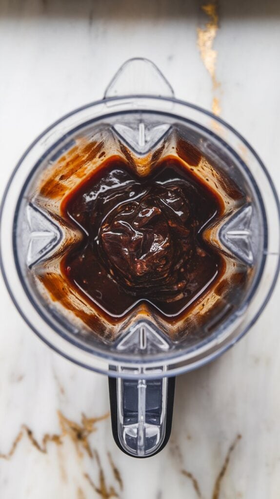 dark, smooth tamarind date marinade swirling in a blender, thick with a shiny finish.