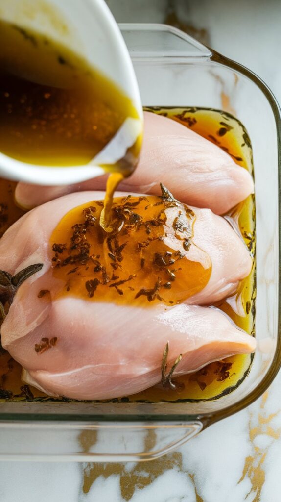 marinade being poured over raw chicken breasts in a shallow glass dish, with herbs and oil coating the surface