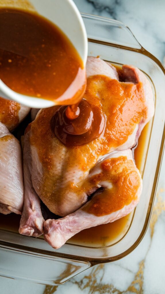 marinade being poured over raw salmon fillets in a glass dish, evenly coating the fish with golden brown glaze.