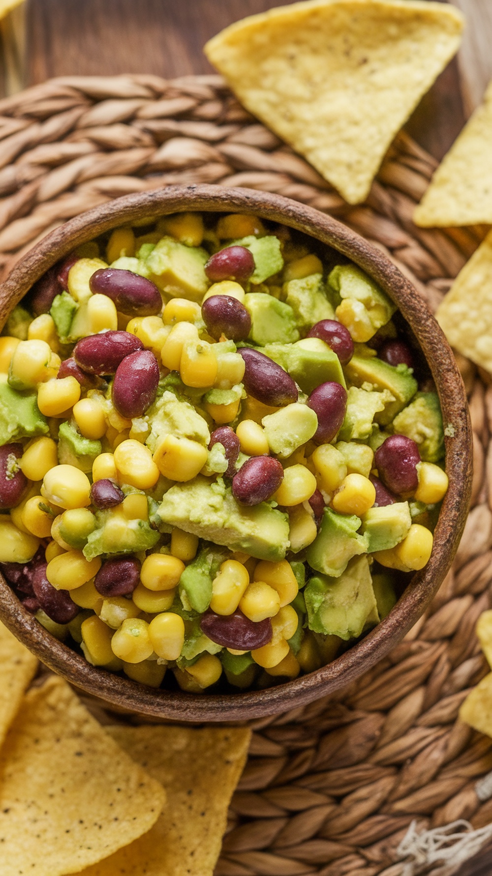 A bowl of avocado corn and black bean salsa with tortilla chips