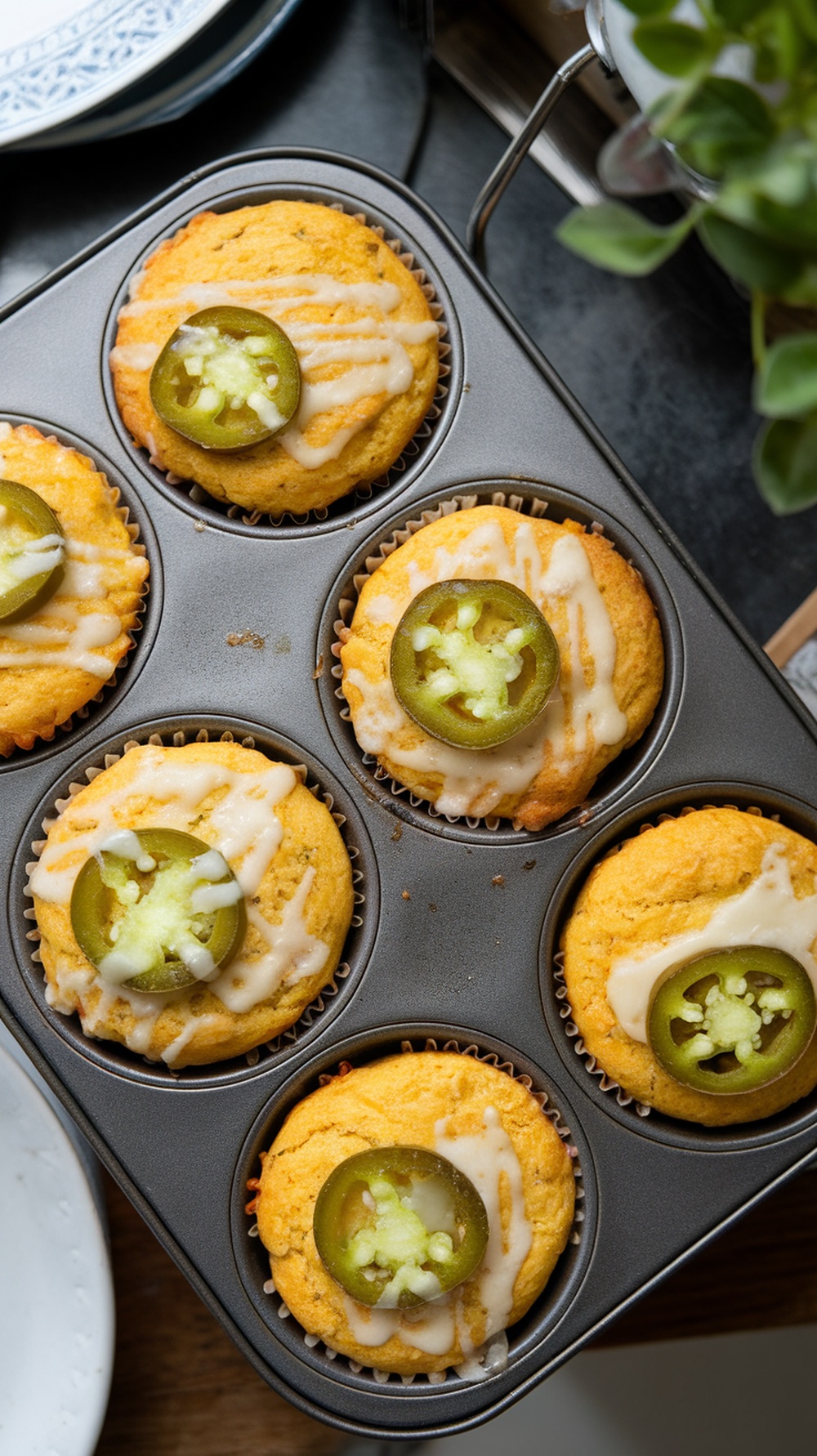 Cheesy jalapeño cornbread muffins in a baking tray