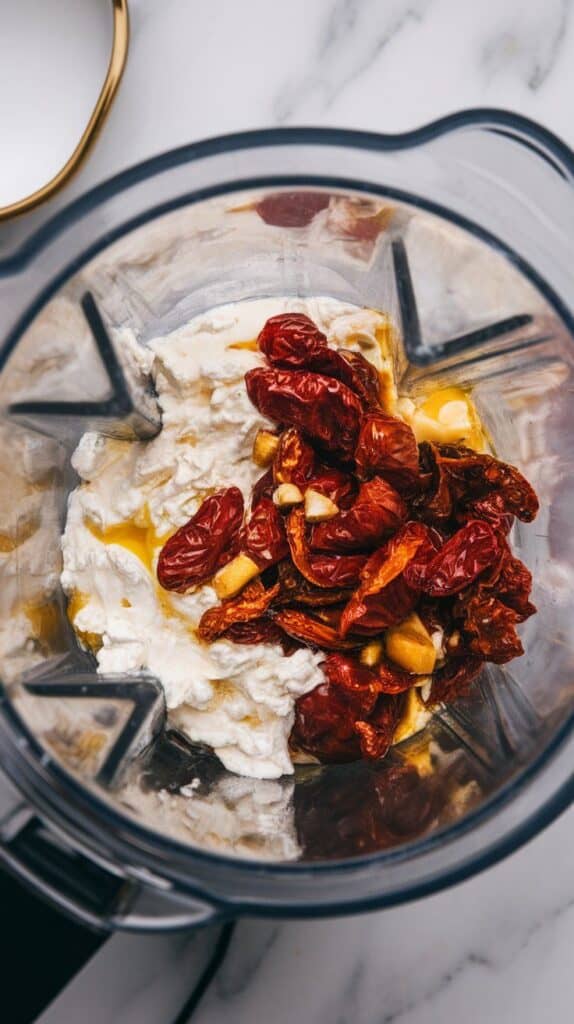 warm sun-dried tomatoes, garlic, and oil being poured into a blender with cottage cheese already inside,