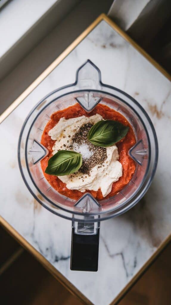 black pepper, salt, and basil leaves resting on top of the tomato-cottage cheese mix inside the blender, ready to be blended.