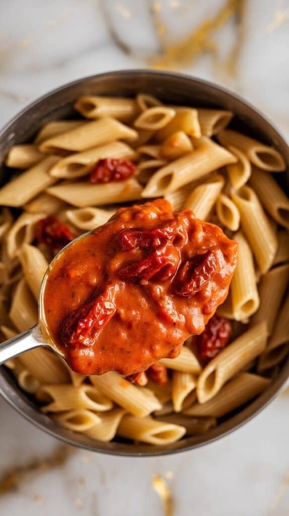 sun-dried tomato cottage cheese sauce being spooned over penne pasta, thick and creamy, sauce clinging to the pasta.