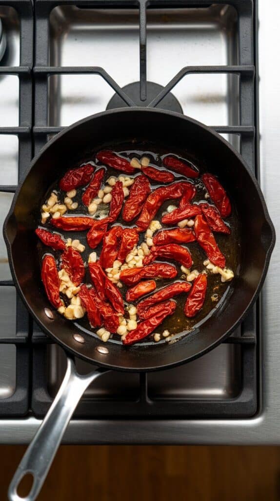 sun-dried tomatoes and minced garlic sizzling gently in sun-dried tomato oil in a small skillet.
