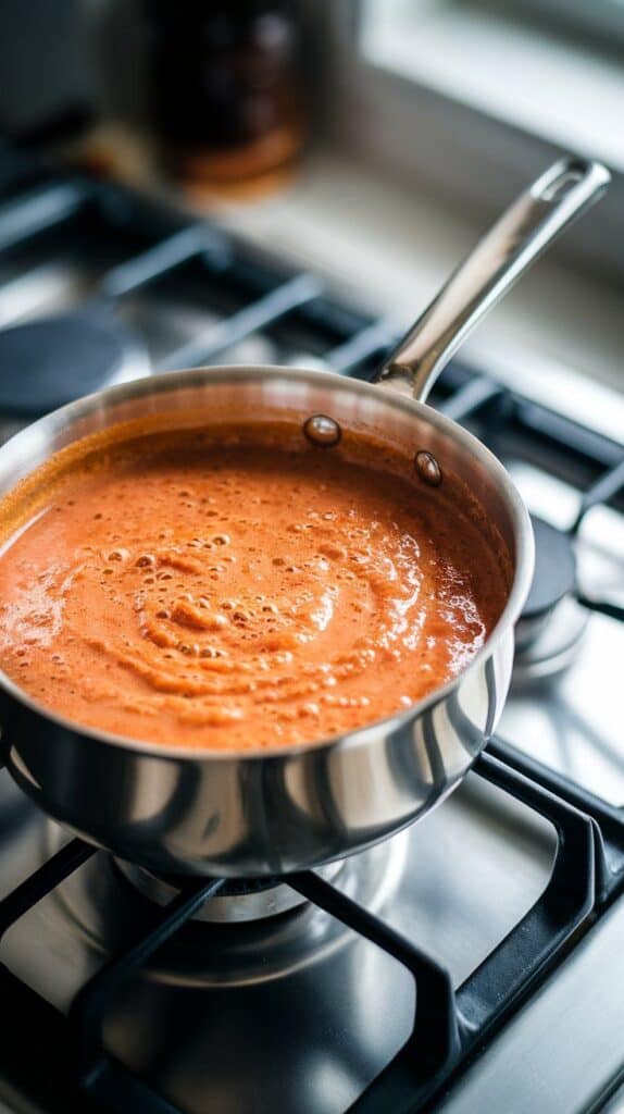 creamy sun-dried tomato sauce simmering gently in a saucepan, small bubbles forming, rich orange-pink color.