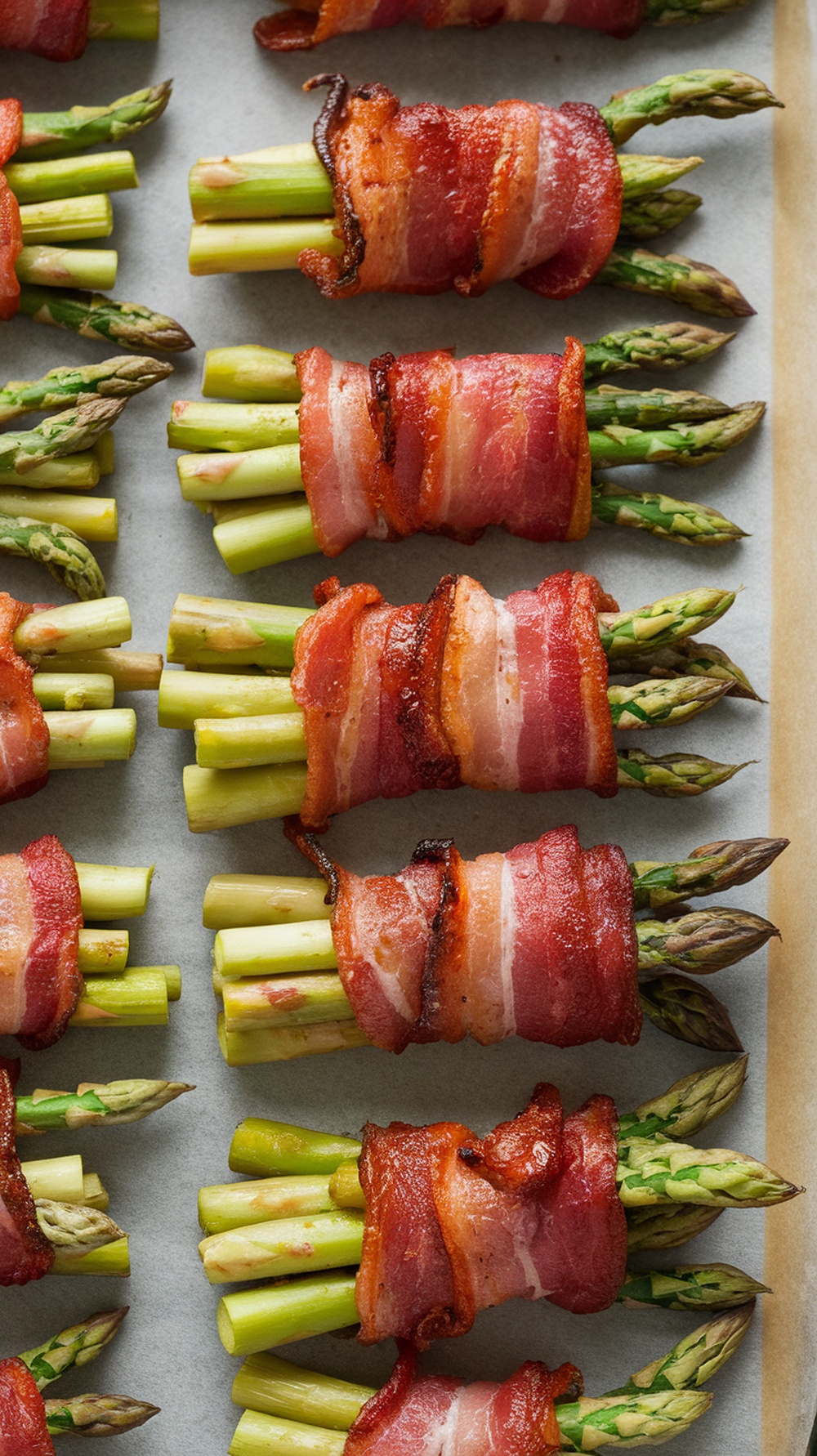 Garlic bacon-wrapped asparagus bundles arranged on a baking sheet
