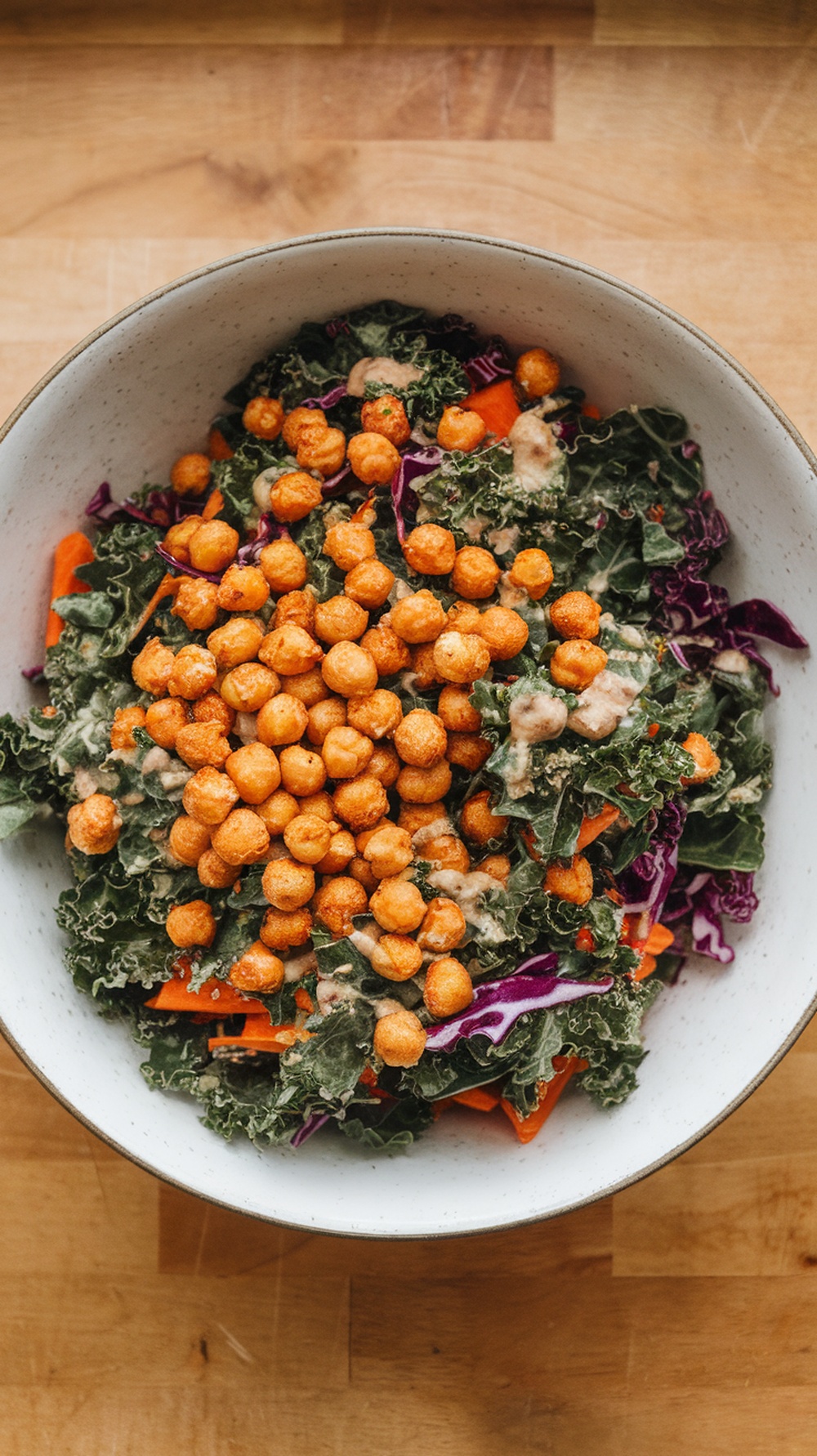 A bowl of garlicky kale salad topped with crispy chickpeas and colorful veggies.