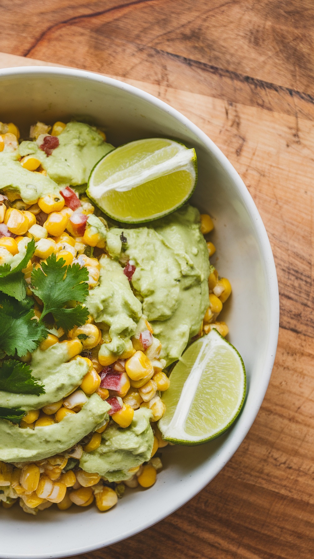 Bowl of Mexican street corn salad with avocado crema and lime slices