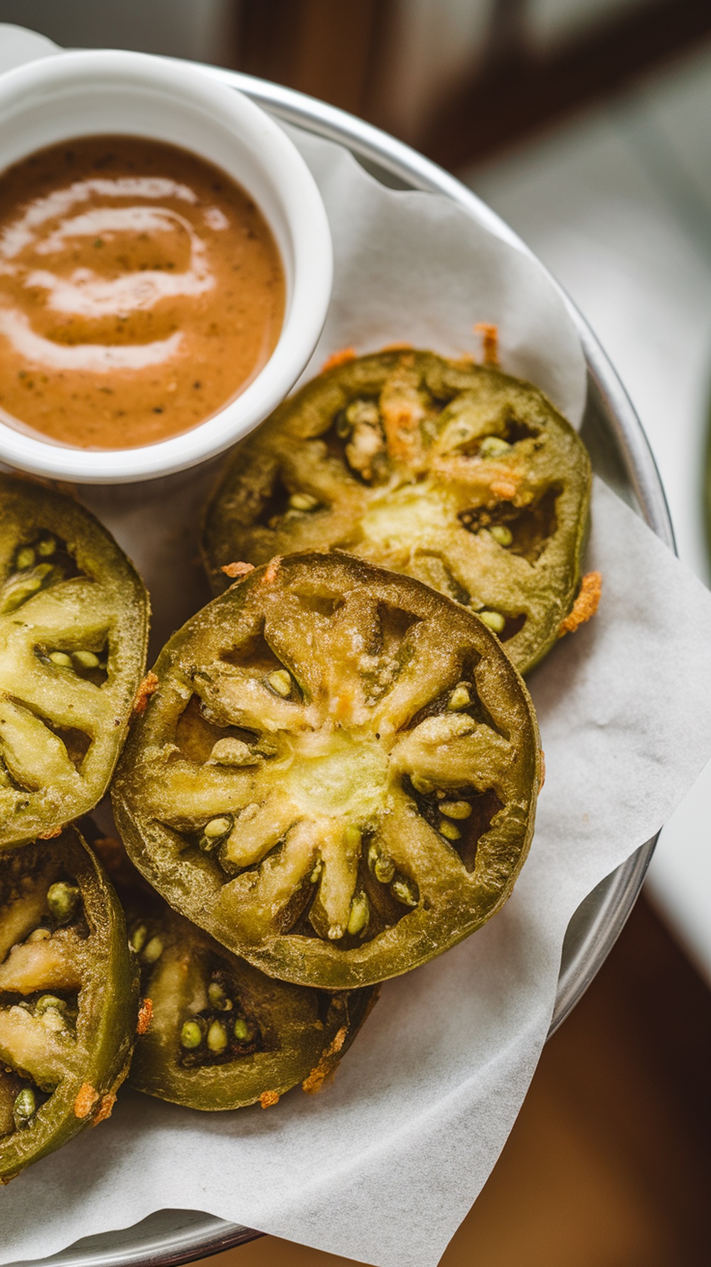 A platter of southern fried green tomatoes with dipping sauce