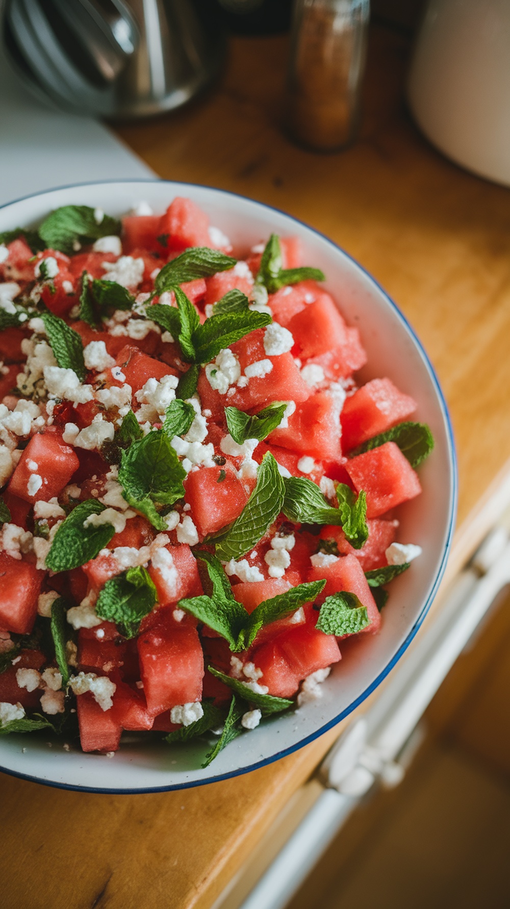 A vibrant salad of watermelon cubes, feta cheese, and fresh mint leaves.