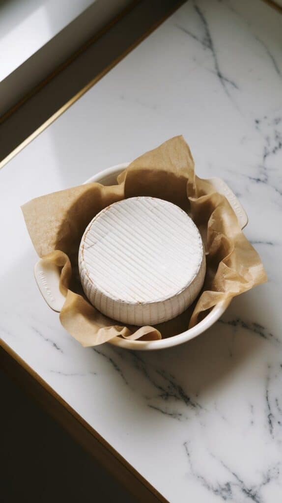 a whole round of brie on parchment paper in a small white baking dish.