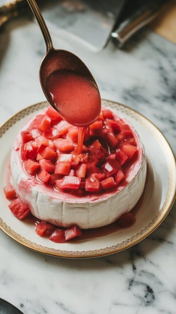 warm rhubarb compote being spooned onto baked brie, pink and glossy, steam rising slightly.