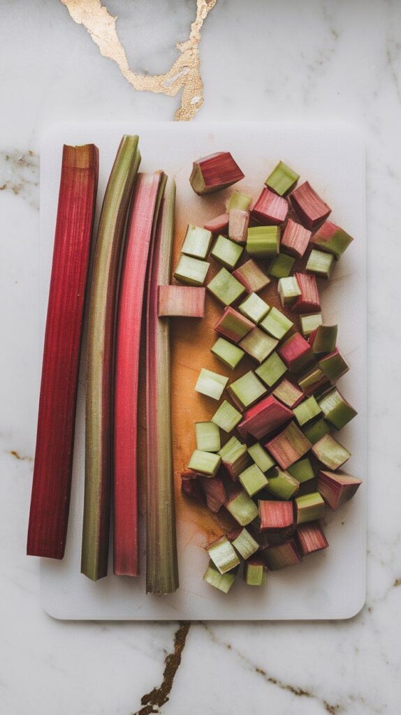 rhubarb stalks being sliced into small chunks with a knife, vibrant red and green.