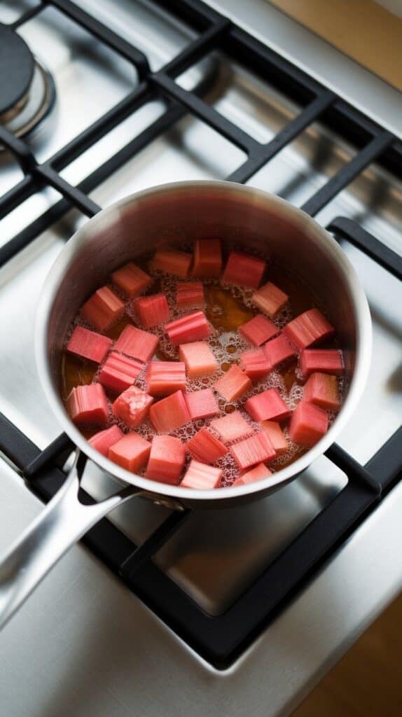 rhubarb simmering in a small saucepan with honey and brown sugar, starting to break down and bubble into a thick sauce. On a modern stainless steel gas stove