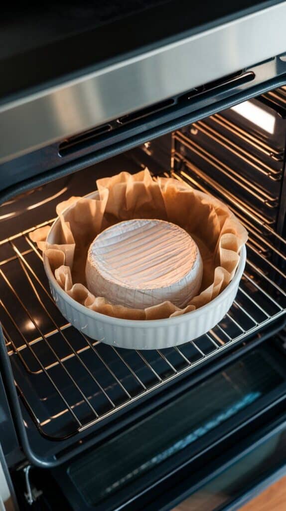 brie in a baking dish, puffing slightly around the edges as it warms, softening in the oven