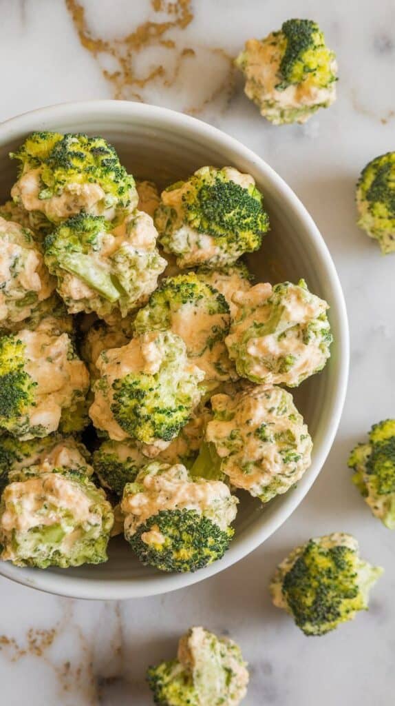 hands shaping a tablespoon of the broccoli and cottage cheese mixture into a tot, with several more already formed on the side.