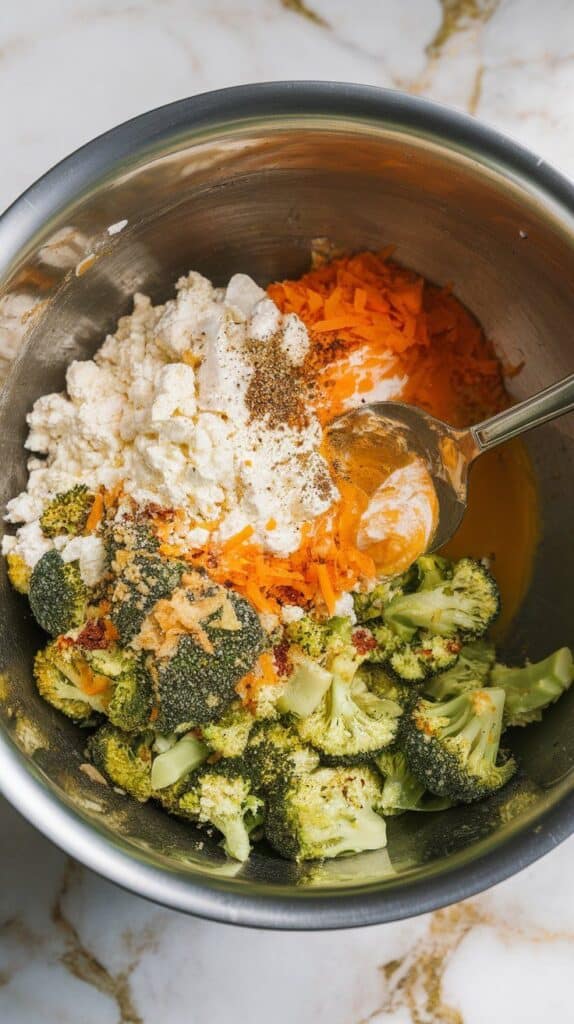 a large bowl filled with chopped broccoli, cottage cheese, cheddar, breadcrumbs, egg, and seasonings being mixed with a spoon.a large bowl filled with chopped broccoli, cottage cheese, cheddar, breadcrumbs, egg, and seasonings being mixed with a spoon.