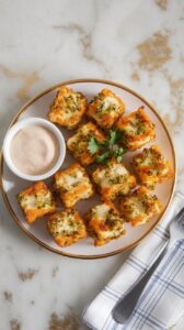 a serving plate filled with golden-brown broccoli and cottage cheese tots, paired with a small bowl of dipping sauce.