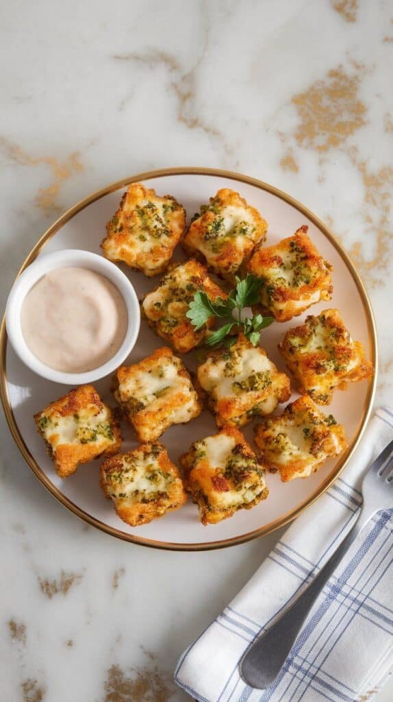 a serving plate filled with golden-brown broccoli and cottage cheese tots, paired with a small bowl of dipping sauce.