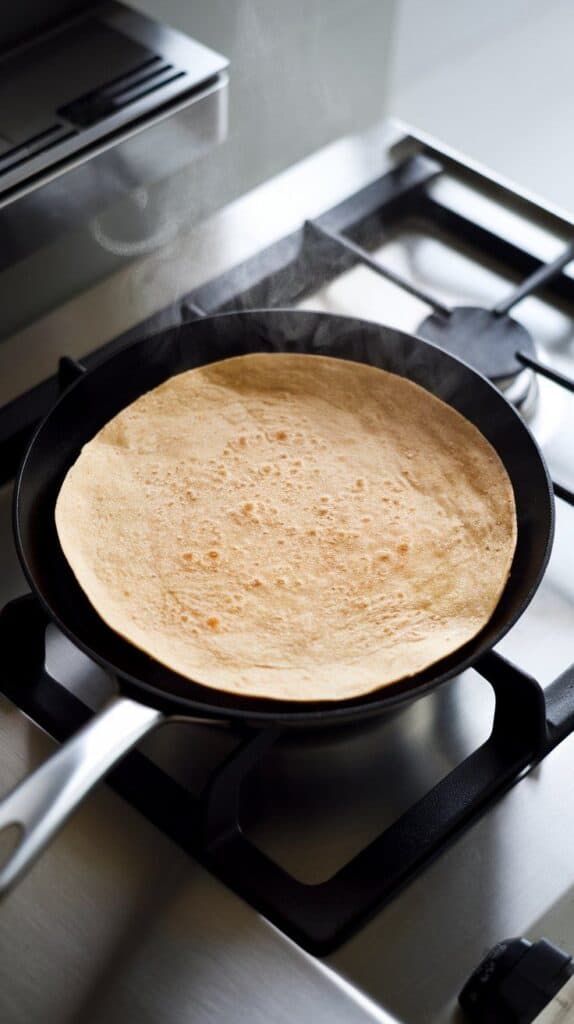 a soft flour tortilla being warmed in a skillet, edges just starting to puff, steam rising slightly, on a modern stainless steel gas stove,