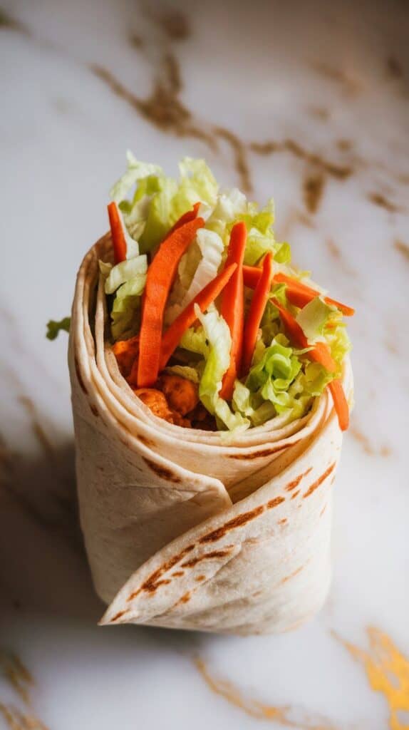 hands folding a tortilla wrap tightly around buffalo chicken filling, ends tucked in neatly, wrap looking full but secure,