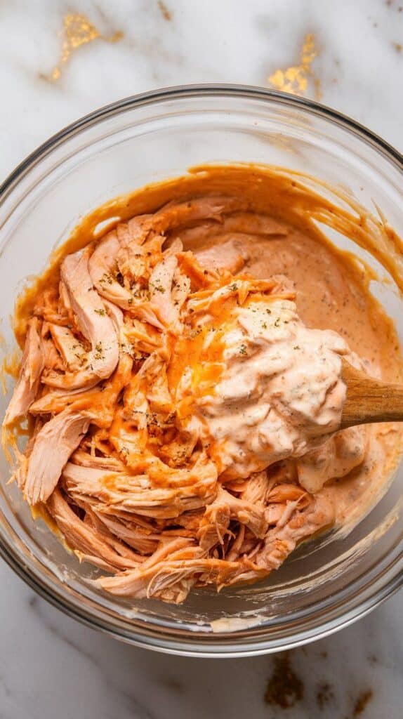 shredded cooked chicken being stirred with small-curd cottage cheese and buffalo sauce in a mixing bowl, mixture turning creamy and orange, flecks of garlic powder visible,