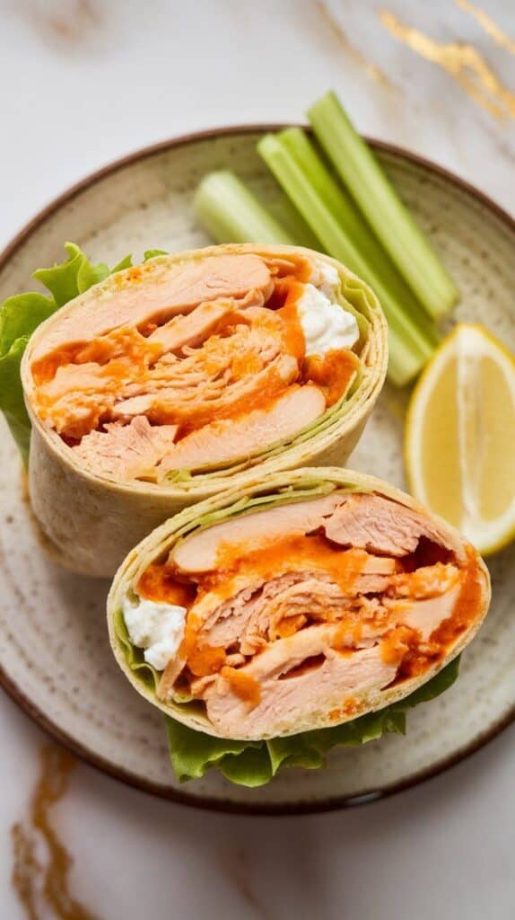 a finished Buffalo chicken wrap sliced in half on a ceramic plate, creamy orange filling visible, served with celery sticks and a drizzle of buffalo sauce,