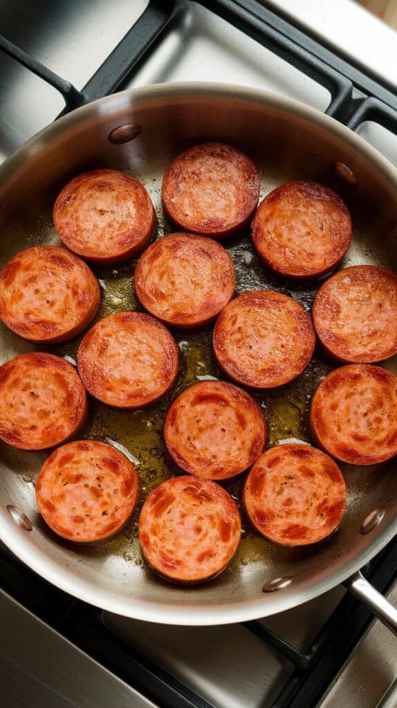 browned kielbasa slices sizzling in olive oil in a skillet, with golden edges starting to curl.